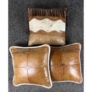 Stetson Leather Throw Pillow Set of 3 Western Cowhide Hair on Hide Brown Tan